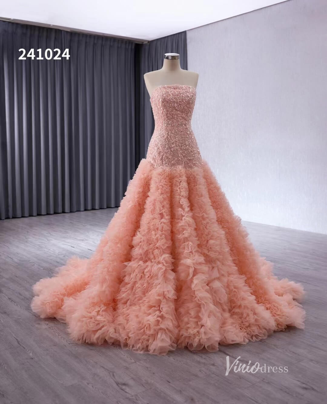 fitted lace wedding dress Pink Beaded Ruffled Wedding Dresses Strapless Quinceanera Dress 241024 –  Viniodress
