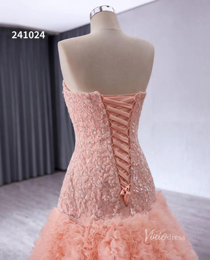 Pink Beaded Ruffled Wedding Dresses Strapless Quinceanera Dress 241024-Quinceanera Dresses 2025 -Viniodress-Pink-Custom Size-