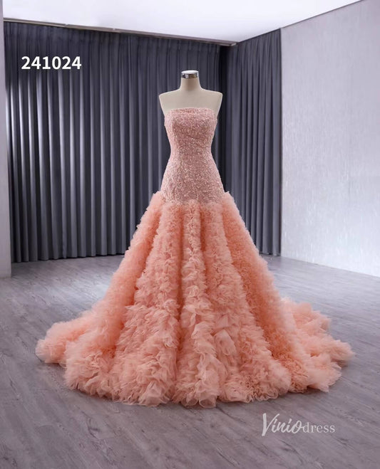 Pink Beaded Ruffled Wedding Dresses Strapless Quinceanera Dress 241024 - ViniodressQuinceanera DressesPinkCustom Size - Formal Dresses - Ball Gowns