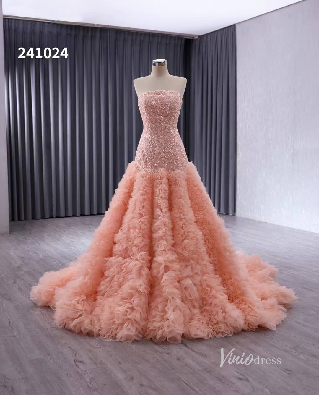 Pink Beaded Ruffled Wedding Dresses Strapless Quinceanera Dress 241024-Quinceanera Dresses-Viniodress-Pink-Custom Size-Viniodress