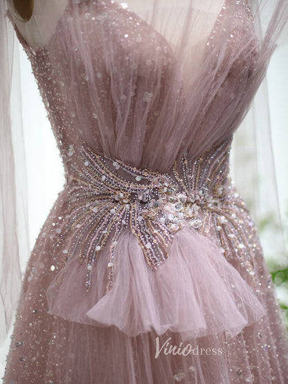 Pink Beaded Shimmer Prom Dresses Dusty Blue Evening Dress 20097-Evening Dresses 2025 -Viniodress-Pink-US 2-