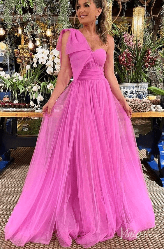 Pink Bow One Shoulder Prom Dresses Tulle Pleated Bodice Formal Gown FD4089-prom dresses 2025 -Viniodress-Pink-Custom Size-