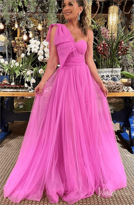 Pink Bow One Shoulder Prom Dresses Tulle Pleated Bodice Formal Gown FD4089-prom dresses 2025 -Viniodress-Pink-Custom Size-