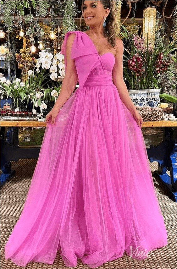 Pink Bow One Shoulder Prom Dresses Tulle Pleated Bodice Formal Gown FD4089-prom dresses-Viniodress-Pink-Custom Size-Viniodress