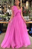 Pink Bow One Shoulder Prom Dresses Tulle Pleated Bodice Formal Gown FD4089