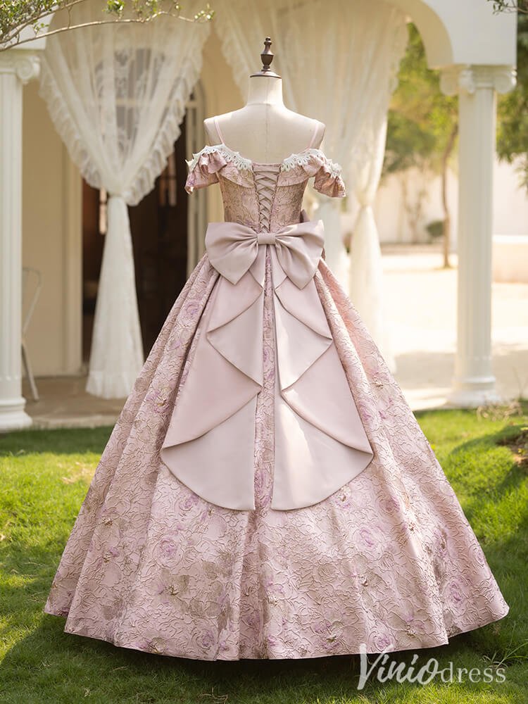 Pink Bow-Tie Jacquard Satin Vintage Quinceanera Dress Off the Shoulder Ruffled Princess Dress AD1305-Quinceanera Dresses 2025 -Viniodress-Pink-Custom Size-