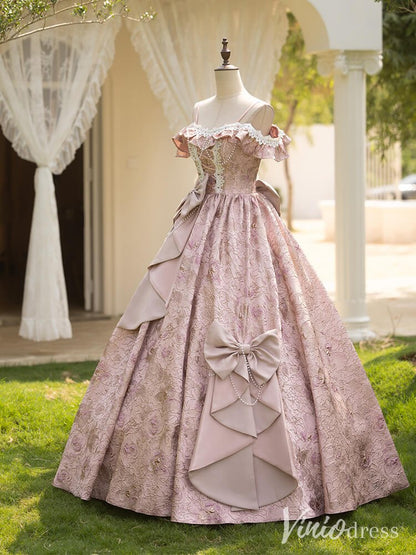 Pink Bow-Tie Jacquard Satin Vintage Quinceanera Dress Off the Shoulder Ruffled Princess Dress AD1305-Quinceanera Dresses 2025 -Viniodress-Pink-Custom Size-