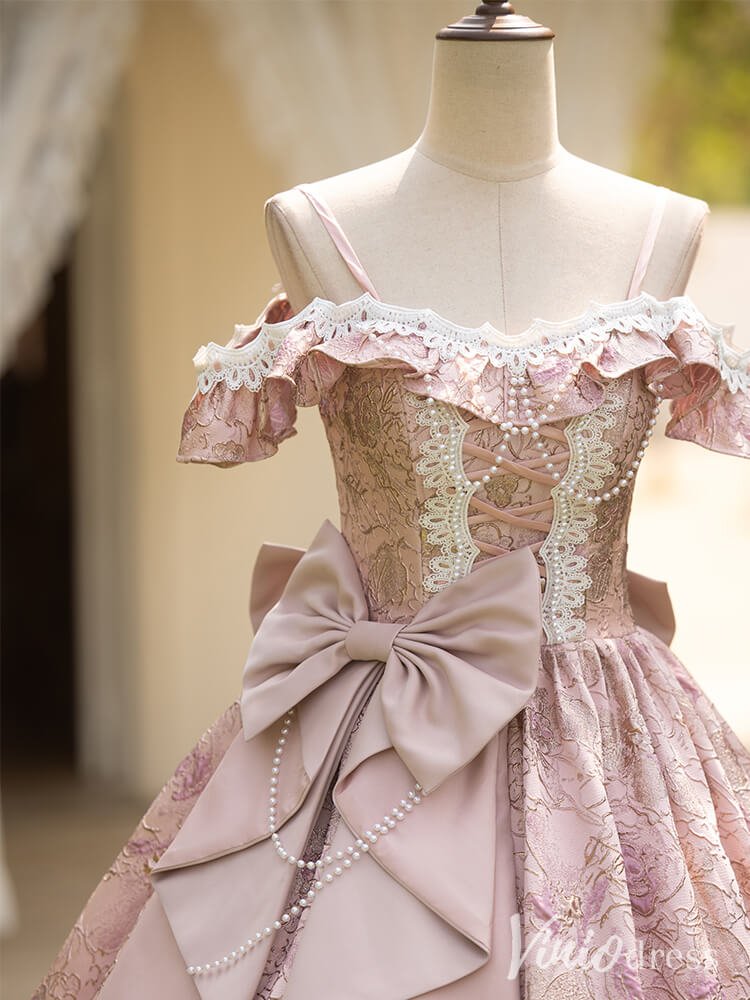 Pink Bow-Tie Jacquard Satin Vintage Quinceanera Dress Off the Shoulder Ruffled Princess Dress AD1305-Quinceanera Dresses 2025 -Viniodress-Pink-Custom Size-