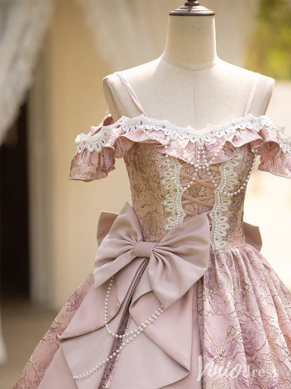 Pink Bow-Tie Jacquard Satin Vintage Quinceanera Dress Off the Shoulder Ruffled Princess Dress AD1305-Quinceanera Dresses 2025 -Viniodress-Pink-Custom Size-