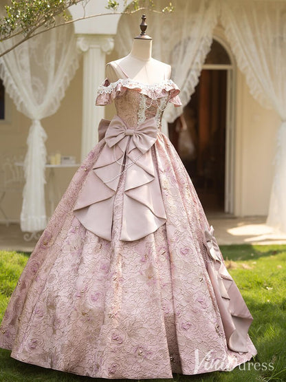 Pink Bow-Tie Jacquard Satin Vintage Quinceanera Dress Off the Shoulder Ruffled Princess Dress AD1305-Quinceanera Dresses 2025 -Viniodress-Pink-Custom Size-