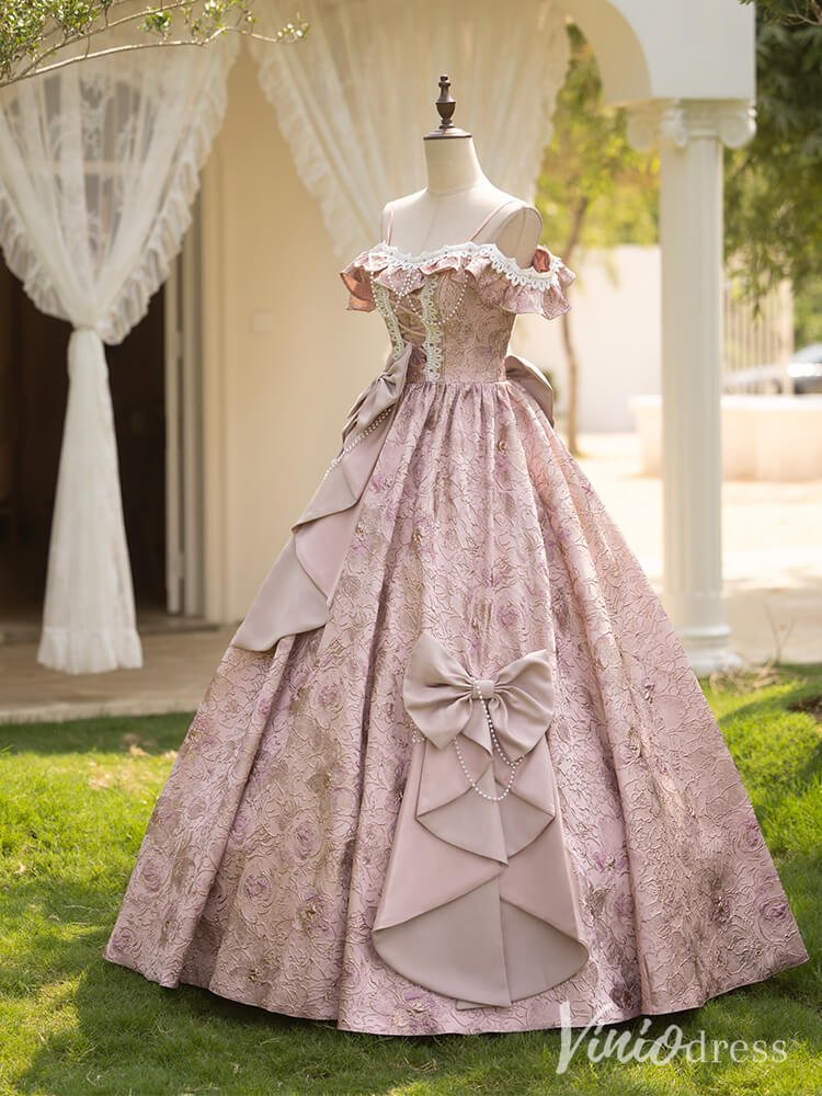 Pink Bow-Tie Jacquard Satin Vintage Quinceanera Dress Off the Shoulder Ruffled Princess Dress AD1305-Quinceanera Dresses 2025 -Viniodress-Pink-Custom Size-