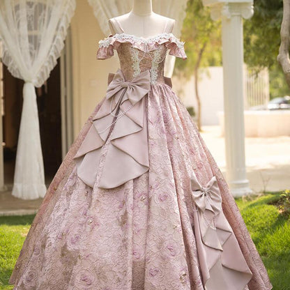 Pink Bow-Tie Jacquard Satin Vintage Quinceanera Dress Off the Shoulder Ruffled Princess Dress AD1305-Quinceanera Dresses 2025 -Viniodress-Pink-Custom Size-