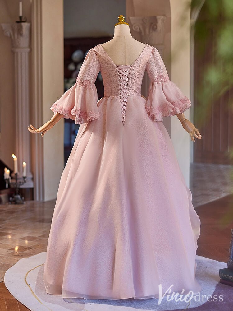 Pink Bow Tie Vintage Ball Gown Puffed Sleeve Lacy Princess Dress AD1307-Quinceanera Dresses 2025 -Viniodress-Pink-Custom Size-