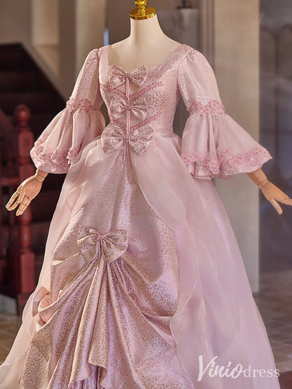 Pink Bow Tie Vintage Ball Gown Puffed Sleeve Lacy Princess Dress AD1307-Quinceanera Dresses 2025 -Viniodress-Pink-Custom Size-
