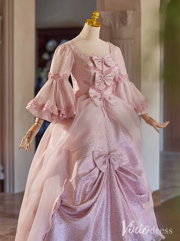 Pink Bow Tie Vintage Ball Gown Puffed Sleeve Lacy Princess Dress AD130 – Viniodress Pink Bow Tie Vintage Ball Gown Puffed Sleeve Lacy Princess Dress AD130 – Viniodress