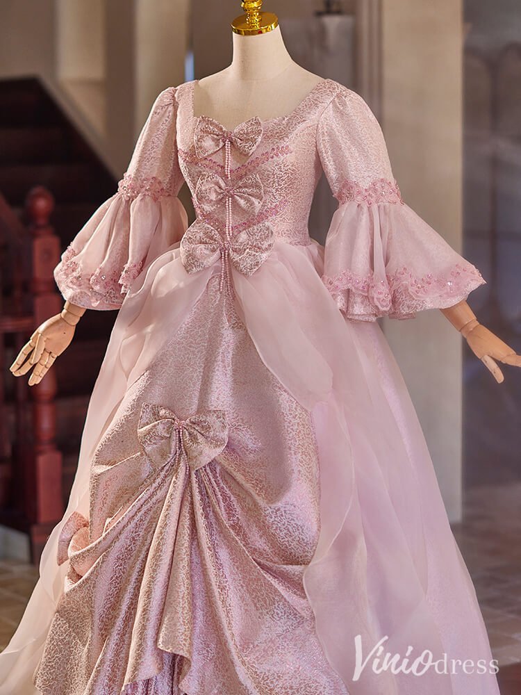Pink Bow Tie Vintage Ball Gown Puffed Sleeve Lacy Princess Dress AD1307-Quinceanera Dresses 2025 -Viniodress-Pink-Custom Size-
