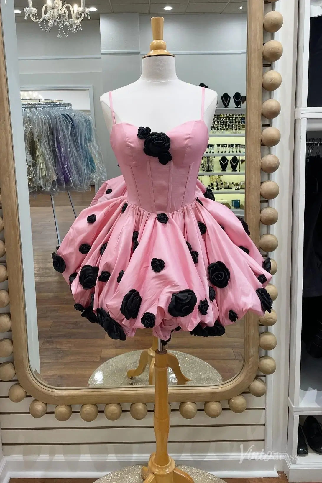 Pink Bubble Hem Homecoming Dress with Corset Bodice & Black 3D Rosettes H1145 Viniodress Pink Bubble Hem Homecoming Dress with Corset Bodice & Black 3D Rosettes H1145 Viniodress