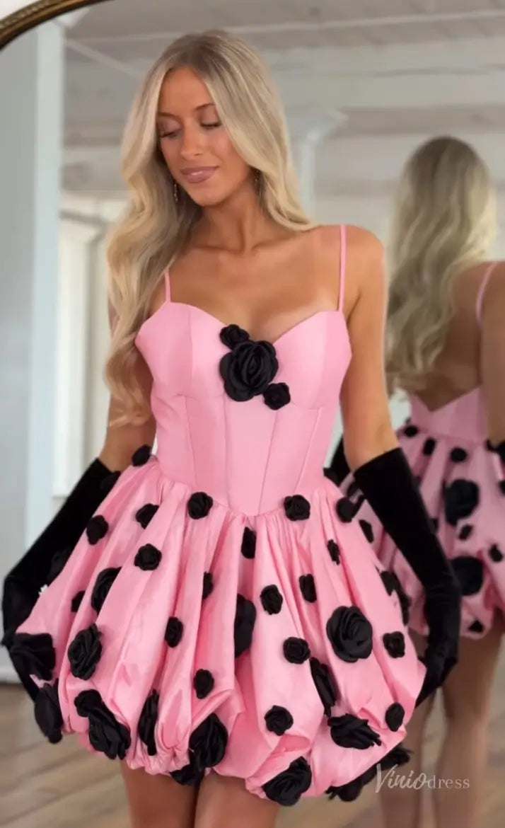 Pink Bubble Hem Homecoming Dress with Spaghetti Straps, Corset Bodice and Black 3D Rosettes – H1145-Homecoming Dresses 2025 -Viniodress-Pink-Custom Size-