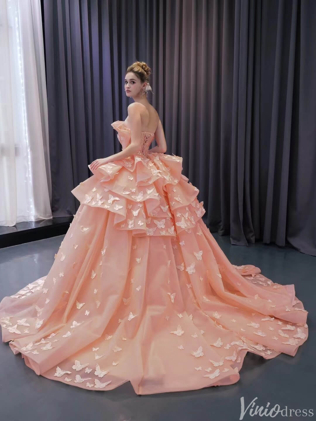 Pink Butterfly Quinceanera Dress Strapless Ball Gown Wedding Dresses 241097