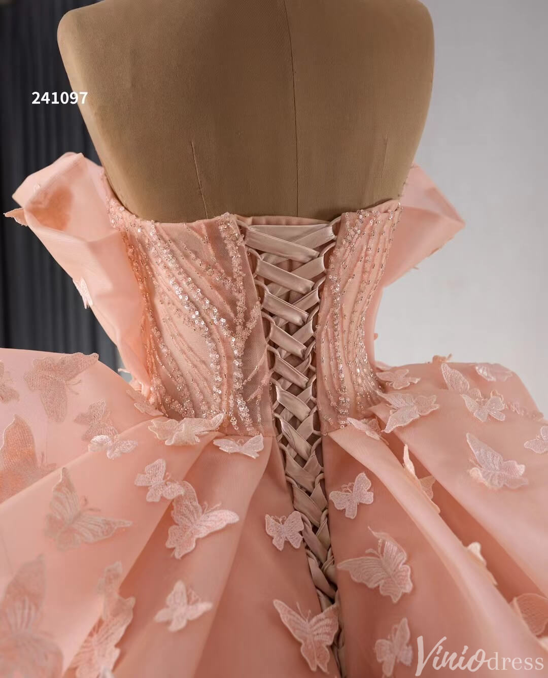 light pink quinceanera dress Pink Butterfly Quinceanera Dress Strapless Ball Gown Wedding Dresses 2 –  Viniodress