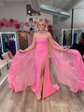Pink Cape Sleeve Mermaid Prom Dresses Beaded Slit Strapless Satin Evening Dress FD4019