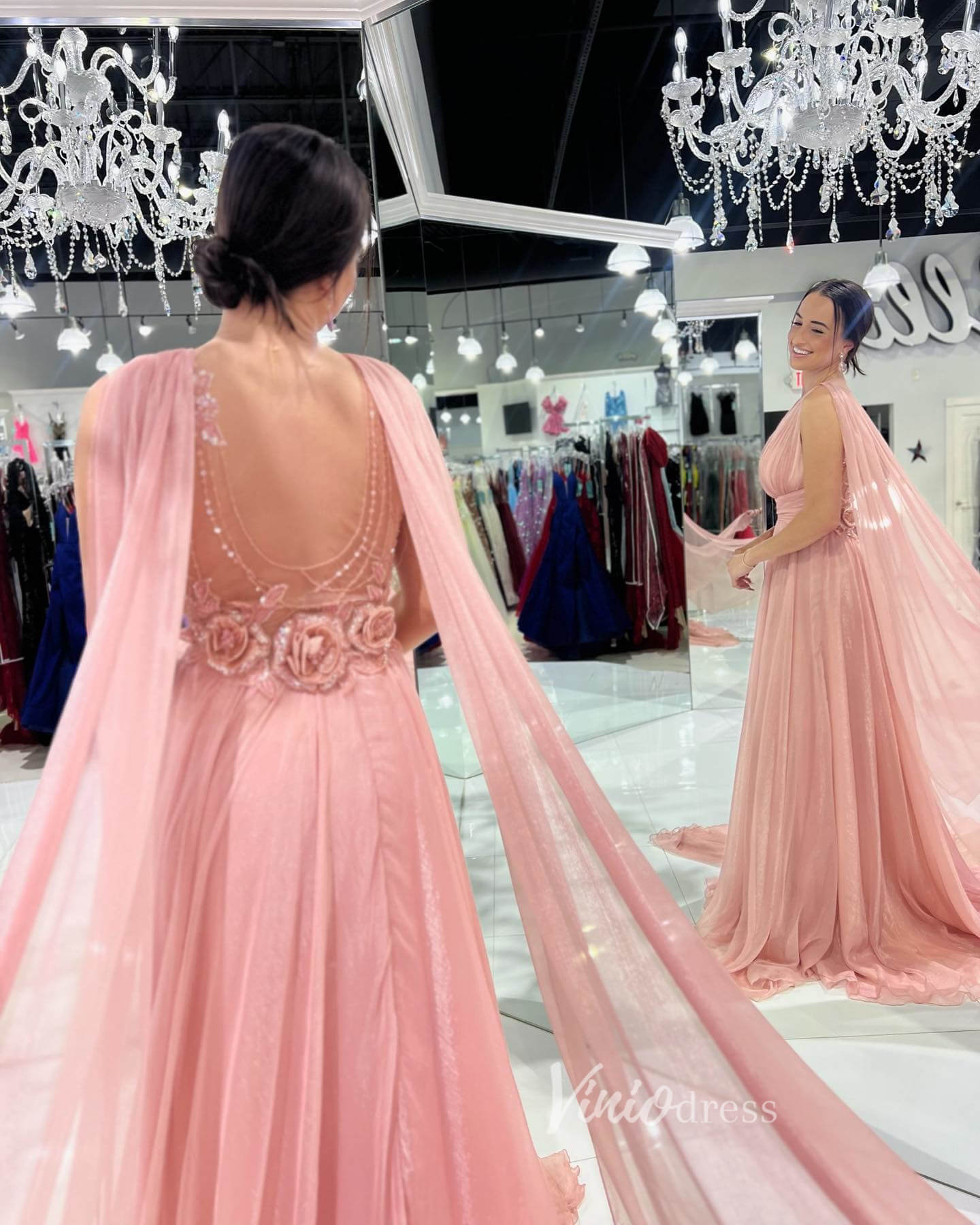 Pink Chiffon Prom Dresses with Slit Cape Sleeve Formal Dress FD3617-prom dresses 2025 -Viniodress-Pink-Custom Size-