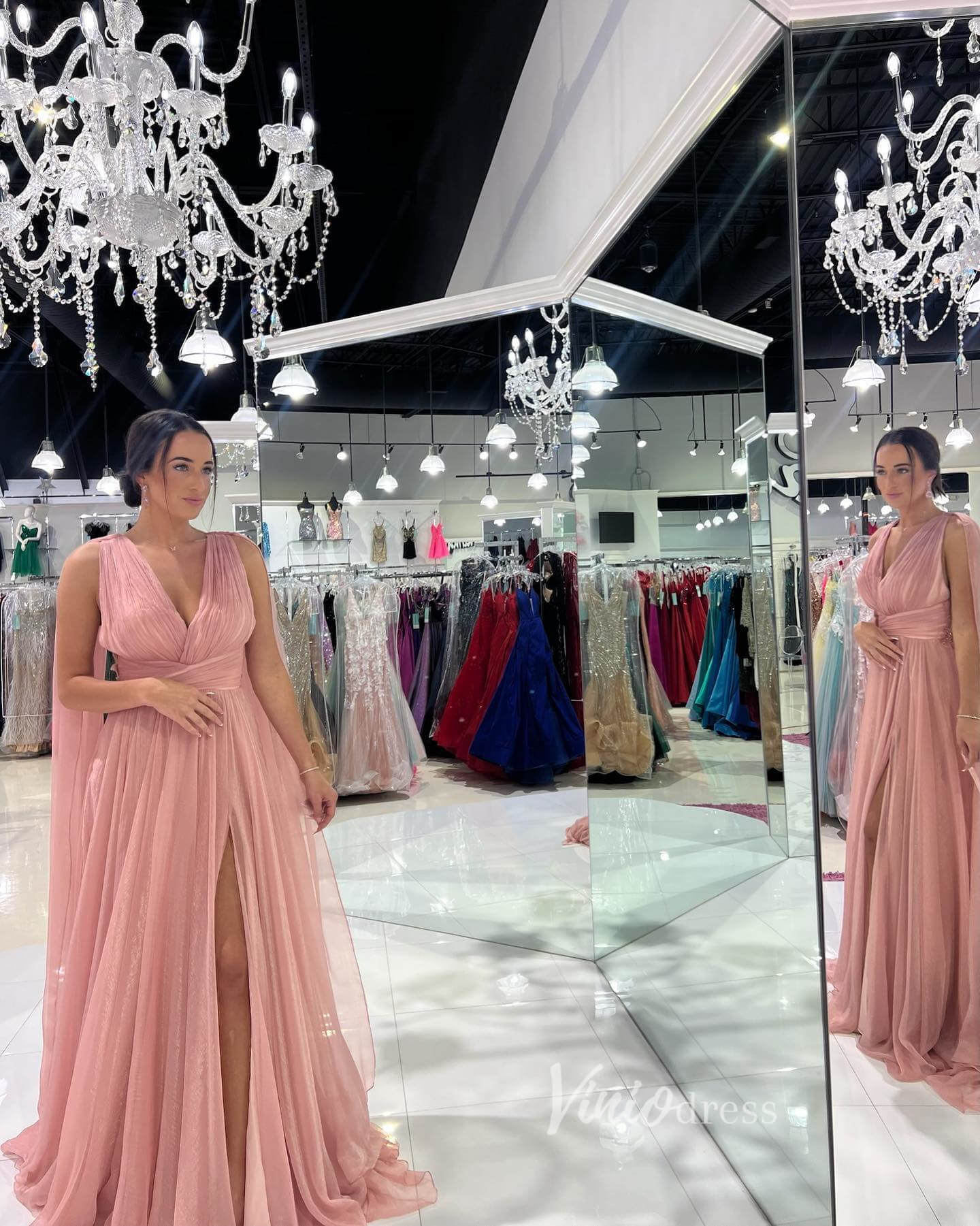 Pink Chiffon Prom Dresses with Slit Cape Sleeve Formal Dress FD3617-prom dresses-Viniodress-Viniodress