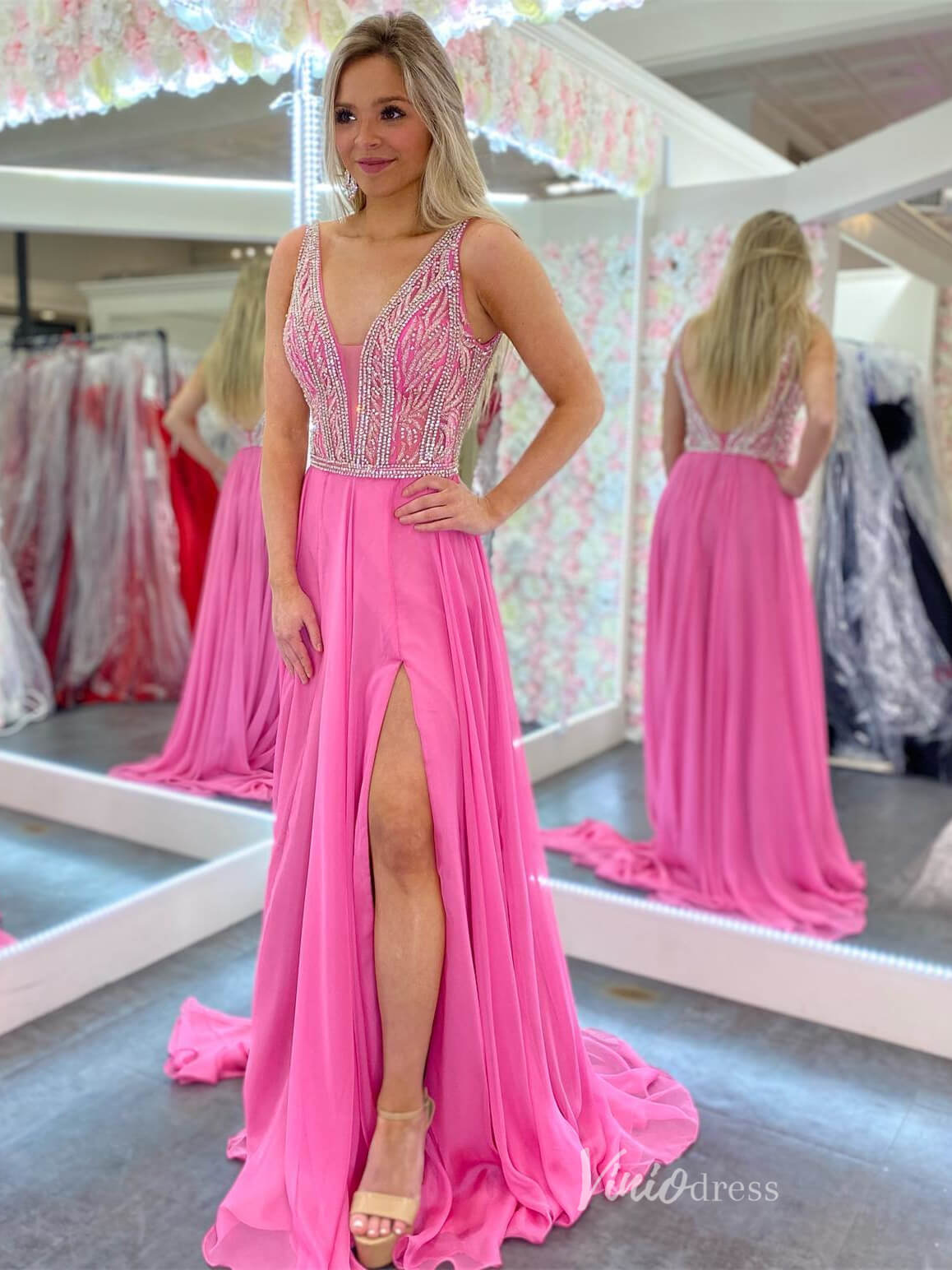 Pink Chiffon Sheath Prom Dresses with Slit Beaded Bodice Plunging V-Neck FD3976-prom dresses-Viniodress-Pink-Custom Size-Viniodress