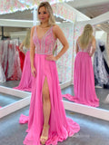 Pink Chiffon Sheath Prom Dresses with Slit Beaded Bodice Plunging V-Neck FD3976