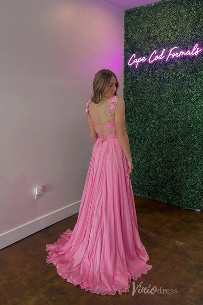 Pink Cross-Wrap Bodice Prom Dress with Side Slit, Floral Lace-Up Back and Chiffon Skirt – AS028-prom dresses 2025 -Viniodress-Pink-Custom Size-