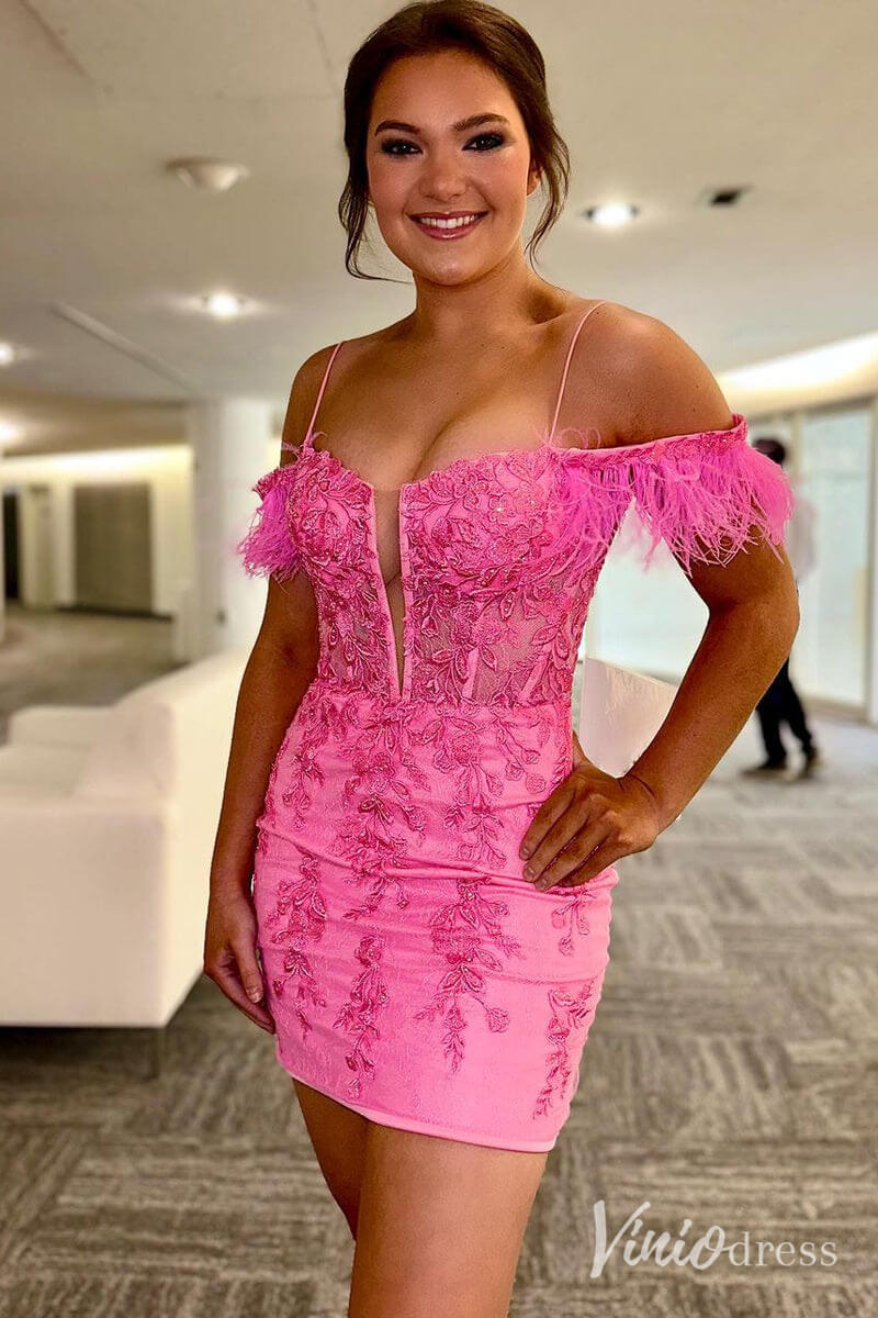 Pink Detachable Off-the-Shoulder Feathers Homecoming Dresses Sexy Fitted Lace Bodycon Dress SD1661-Homecoming Dresses 2025 -Viniodress-Pink-Custom Size-
