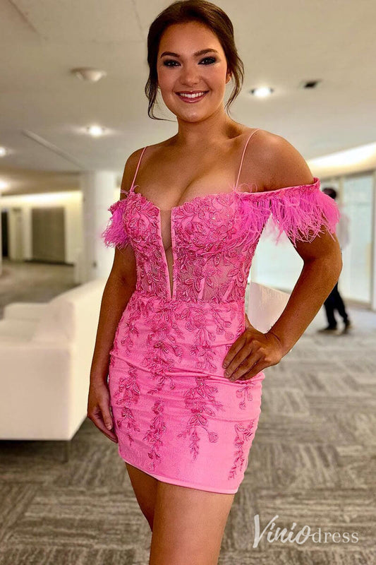 Pink Detachable Off-the-Shoulder Feathers Homecoming Dresses Sexy Fitted Lace Bodycon Dress SD1661-Homecoming Dresses 2025 -Viniodress-Pink-Custom Size-