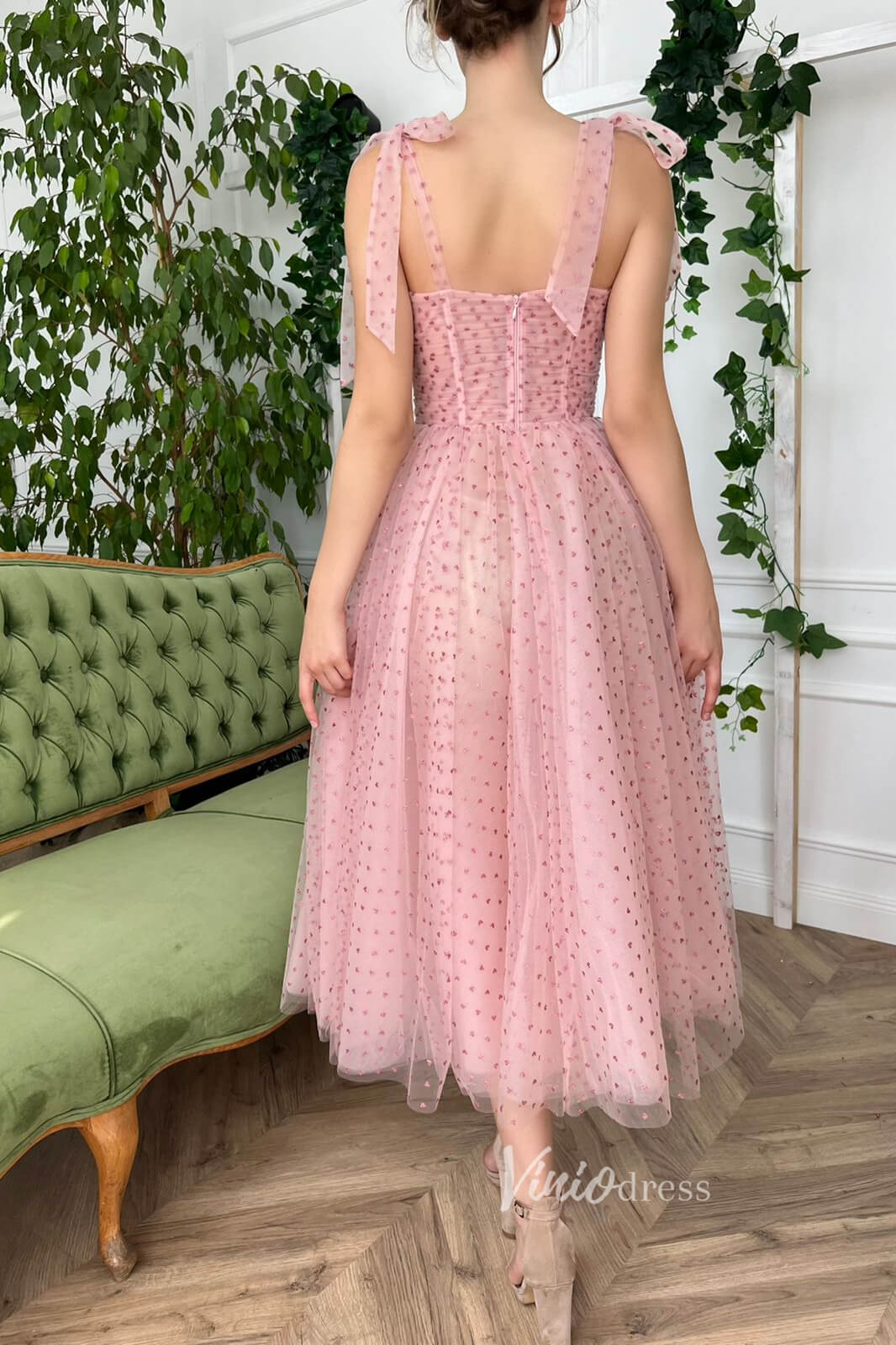 Prom Dress 2025 Pink Dotted Tulle Midi Length Prom Dress FD2983-unique prom dresses-Pink-Custom Size-Viniodress