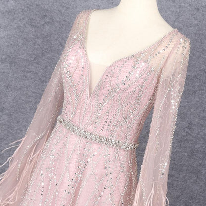 Pink Feather Prom Dresses Cape Sleeve V-neck Pageant Dress FD2616-Evening Dresses 2025 -VINIODRESS-US2-Pink-
