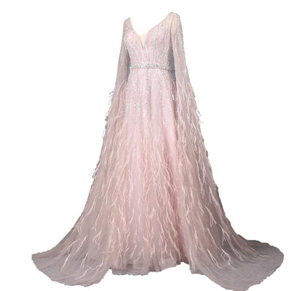 Pink Feather Prom Dresses Cape Sleeve V-neck Pageant Dress FD2616-Evening Dresses 2025 -VINIODRESS-US2-Pink-