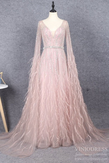 Pink Feather Prom Dresses Cape Sleeve V-neck Pageant Dress FD2616-Evening Dresses 2025 -VINIODRESS-US2-Pink-