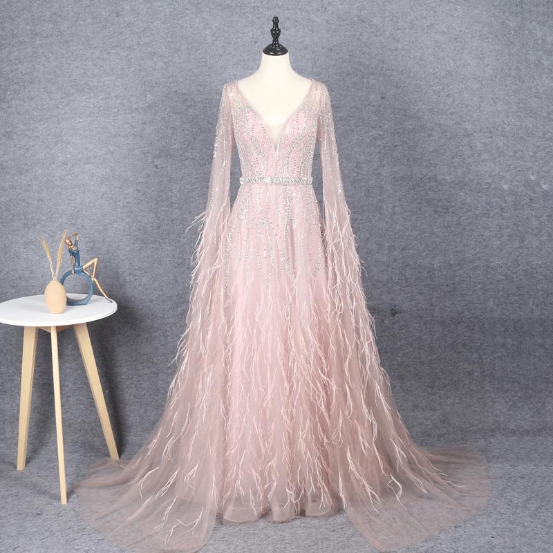 Prom Dress 2025 Pink Feather Prom Dresses Cape Sleeve V-neck Pageant Dress FD2616-unique Prom Dresses-US2-Pink-Viniodress