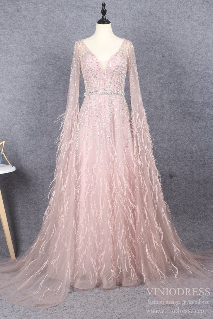 Prom Dress 2025 Pink Feather Prom Dresses Cape Sleeve V-neck Pageant Dress FD2616-unique Prom Dresses-US2-Pink-Viniodress