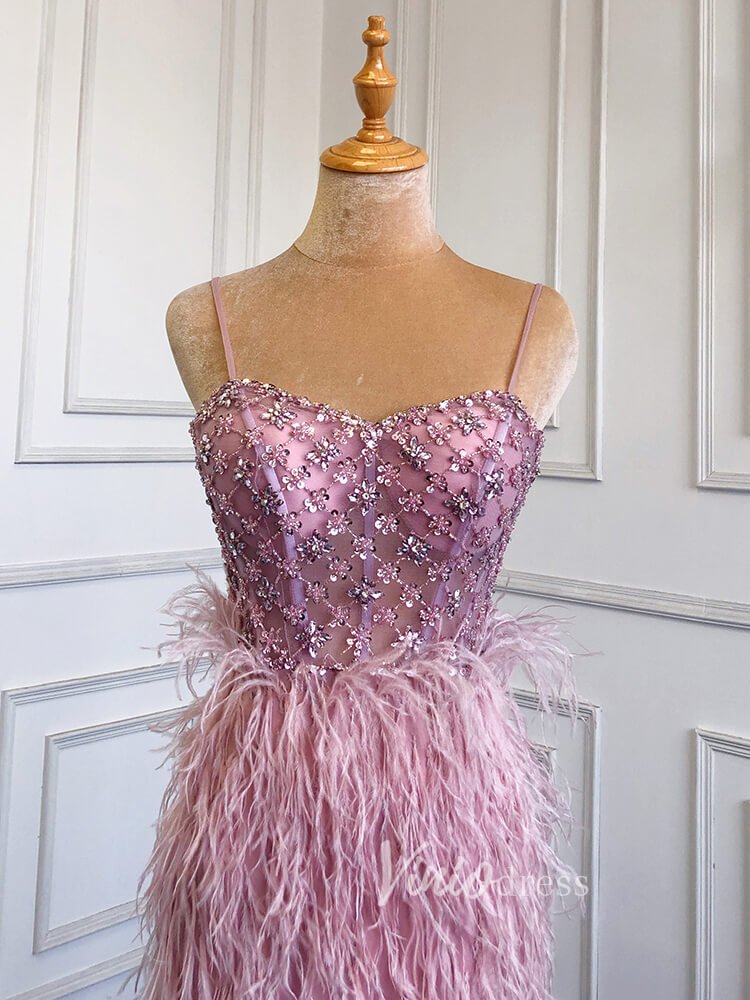 Pink Feather Prom Dresses with Slit Spaghetti Strap Sheath Pageant Dre Viniodress Pink Feather Prom Dresses with Slit Spaghetti Strap Sheath Pageant Dre Viniodress