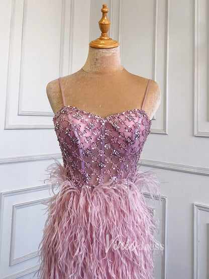 Pink Feather Prom Dresses with Slit Spaghetti Strap Sheath Pageant Dress 20039-Evening Dresses 2025 -Viniodress-Dusty Blue-US 2-