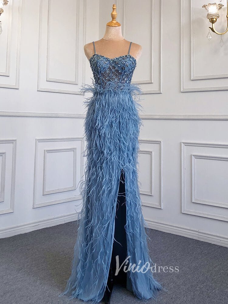 Pink Feather Prom Dresses with Slit Spaghetti Strap Sheath Pageant Dress 20039-Evening Dresses 2025 -Viniodress-Dusty Blue-US 2-