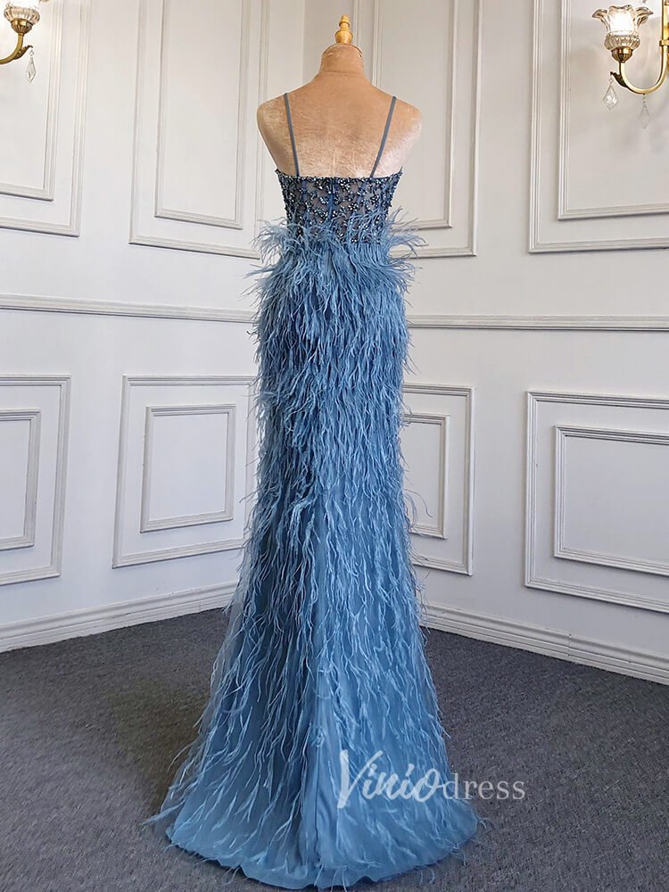 Pink Feather Prom Dresses with Slit Spaghetti Strap Sheath Pageant Dress 20039-Evening Dresses 2025 -Viniodress-Dusty Blue-US 2-