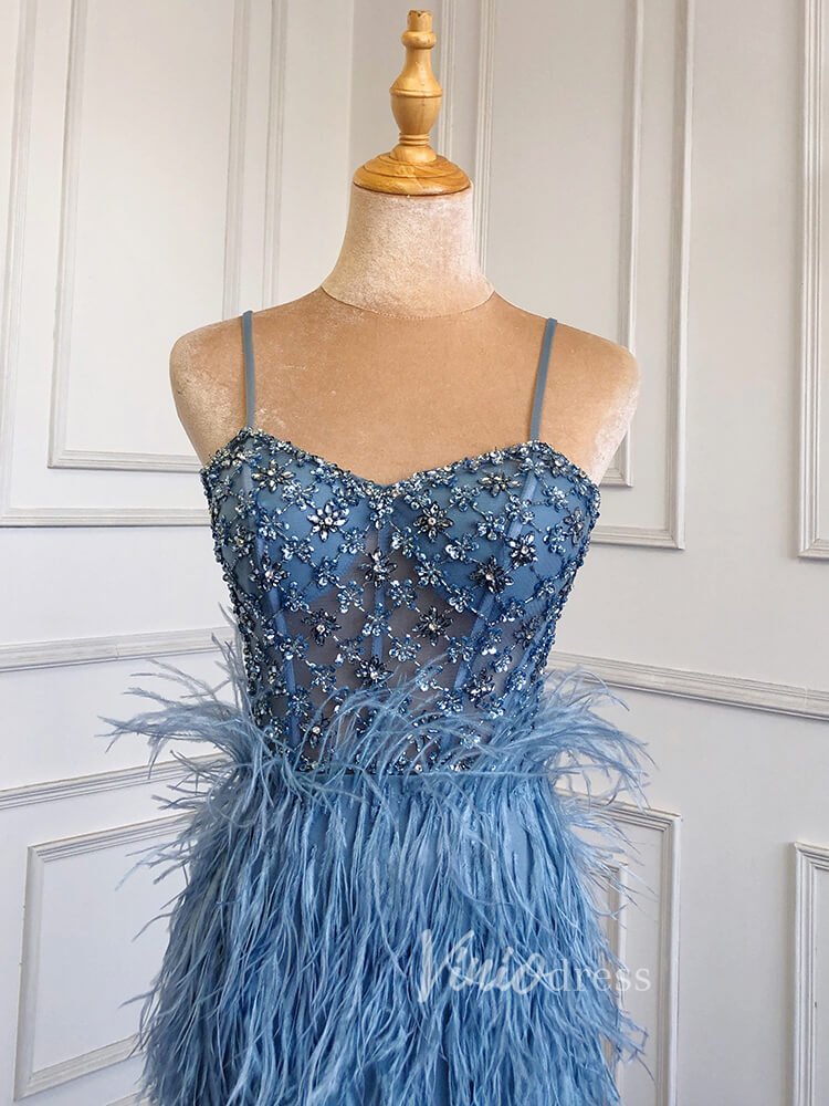 Pink Feather Prom Dresses with Slit Spaghetti Strap Sheath Pageant Dress 20039-Evening Dresses 2025 -Viniodress-Dusty Blue-US 2-