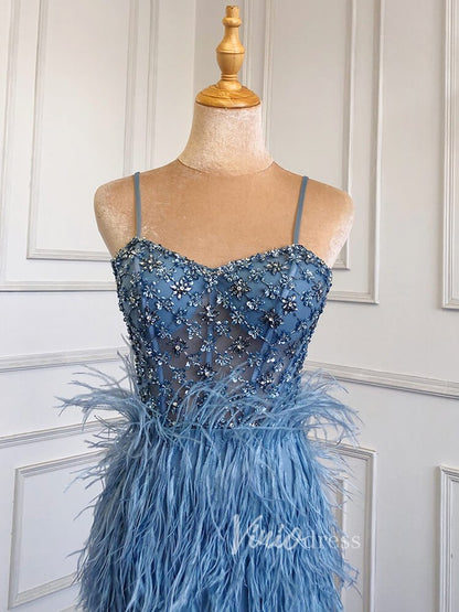 Pink Feather Prom Dresses with Slit Spaghetti Strap Sheath Pageant Dress 20039-Evening Dresses 2025 -Viniodress-Dusty Blue-US 2-