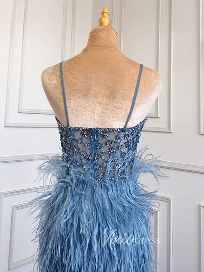 Pink Feather Prom Dresses with Slit Spaghetti Strap Sheath Pageant Dress 20039-Evening Dresses 2025 -Viniodress-Dusty Blue-US 2-