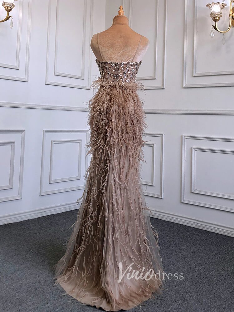 2003 prom dresses Pink Feather Prom Dresses with Slit Spaghetti Strap Sheath Pageant Dre – Viniodress