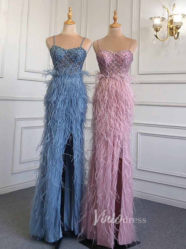 Prom Dress 2025 Pink Feather Prom Dresses with Slit Spaghetti Strap Sheath Pageant Dress 20039-unique prom dresses-Dusty Blue-US 2-Viniodress