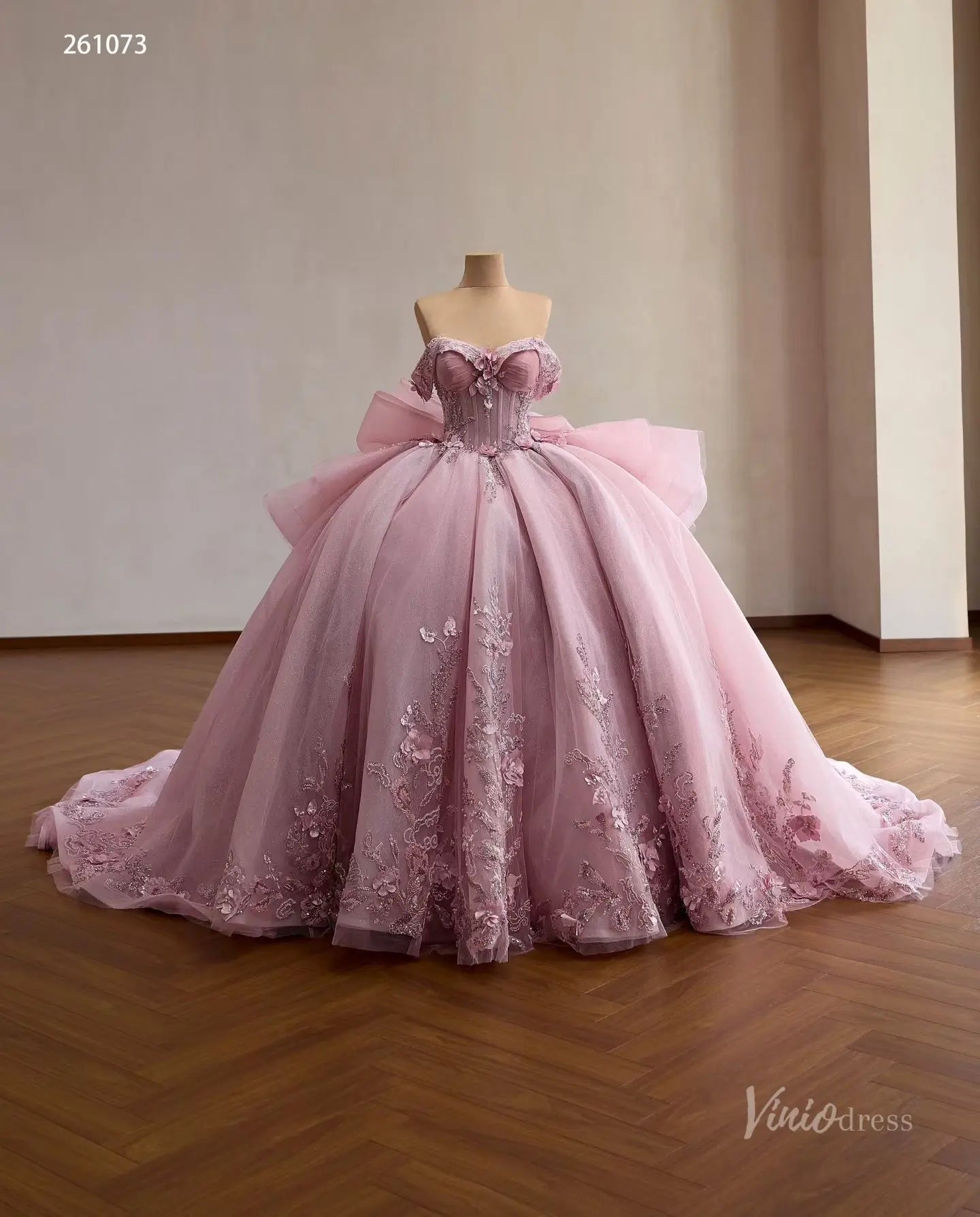 Pink Floral Appliqué Quinceañera Ball Gown with Detachable Off-Shoulder Neckline, Corset Bodice & Oversized Bow – 261073-Quinceanera Dresses 2026-Viniodress-Pink-Custom Size – Add Measurements in Cart-
