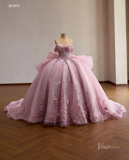 Pink Floral Appliqué Quinceañera Ball Gown with Detachable Off-Shoulder Neckline, Corset Bodice & Oversized Bow – 261073-Quinceanera Dresses 2026-Viniodress-Pink-Custom Size – Add Measurements in Cart-
