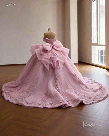 Pink Floral Appliqué Quinceañera Ball Gown with Detachable Off-Shoulder Neckline, Corset Bodice & Oversized Bow – 261073-Quinceanera Dresses 2026-Viniodress-Pink-Custom Size – Add Measurements in Cart-